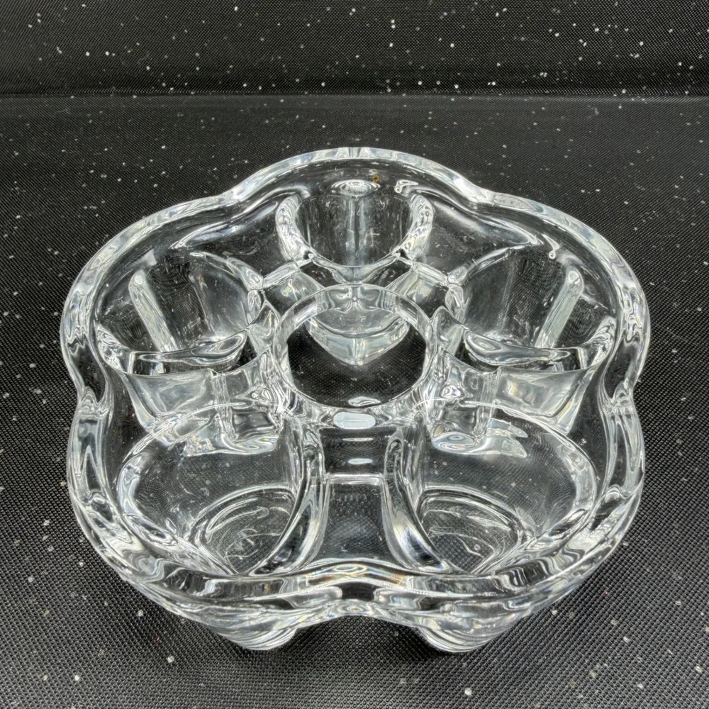 Vintage Clear Glass Heart Flower Votive Candle Holder 5 Well Trinket Dish 5in